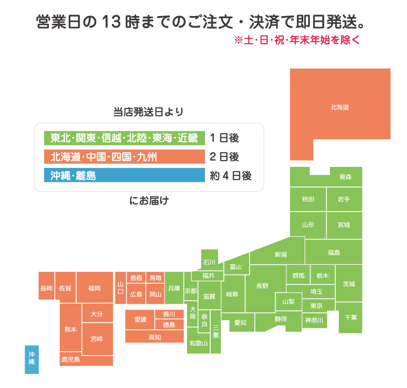 営業日の13時までのご注文・決済で即日発送